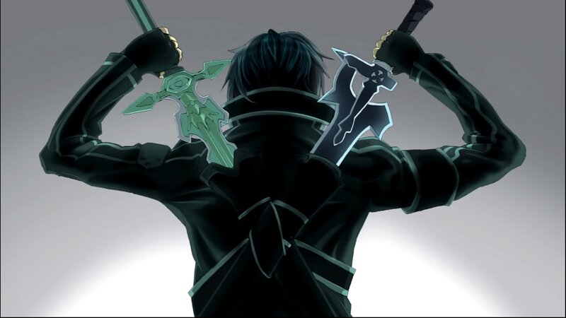 Anime Character with Swords — Black, Dramatic, Back View, Dark Clothing
