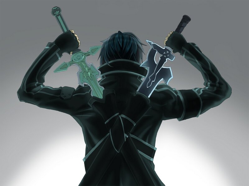 Anime Character with Swords — Black, Dramatic, Back View, Dark Coat