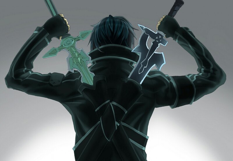 Anime Character with Swords — Black, Dramatic, Back View, Dark Hair