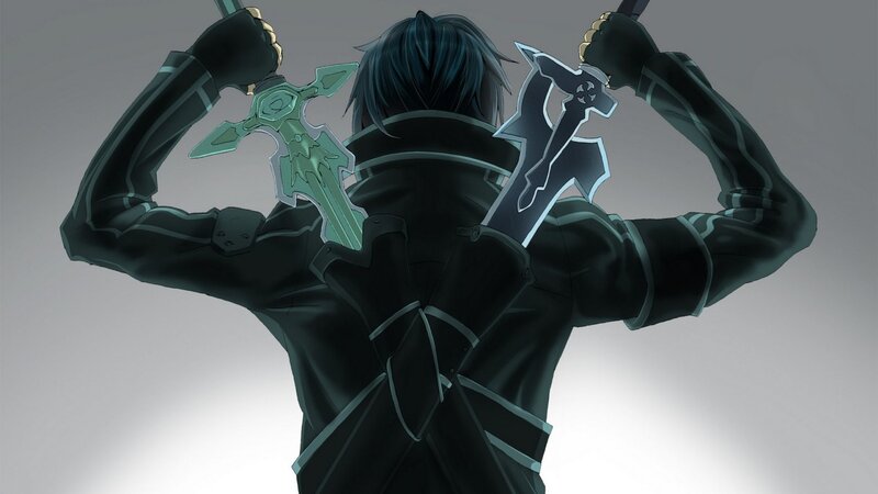 Anime Character with Swords — Black, Dramatic, Back View