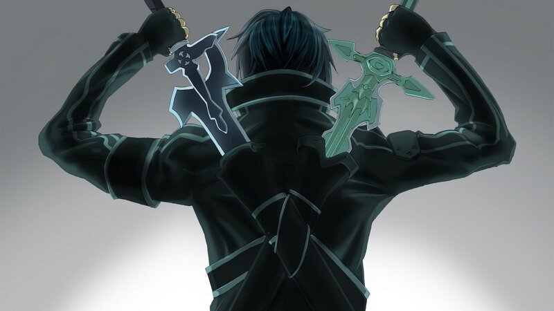 Anime Character with Swords — Black, Dramatic, Digital Art, Back View, Black Outfit