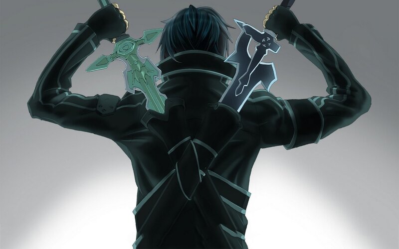 Anime Character with Swords — Black, Dramatic, Digital Art, Back View, Dark Clothing