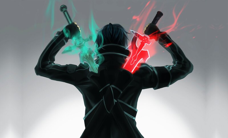 Anime Character with Swords — Black, Dramatic, Digital Art, Glowing Blades, Back View