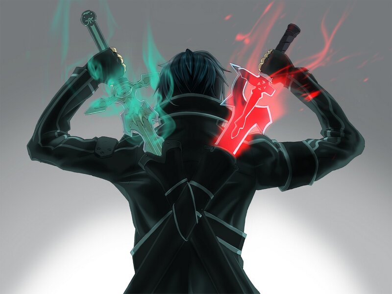 Anime Character with Swords — Black, Dramatic, Digital Art, Glowing Blades