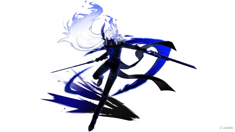 Anime Character with Swords — Black, Dramatic, Digital Art, White Hair, Blue Energy