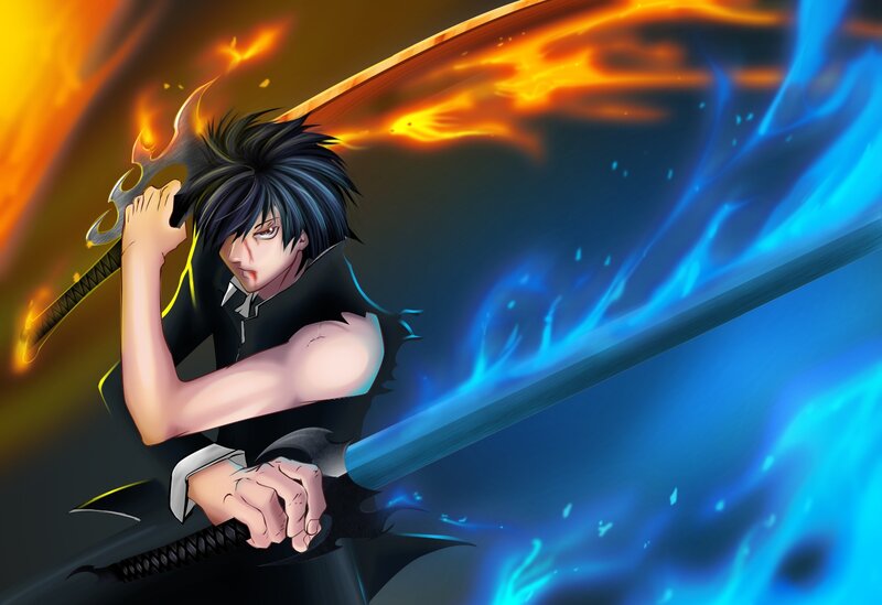 Anime Character with Swords — Black, Dramatic, Fire