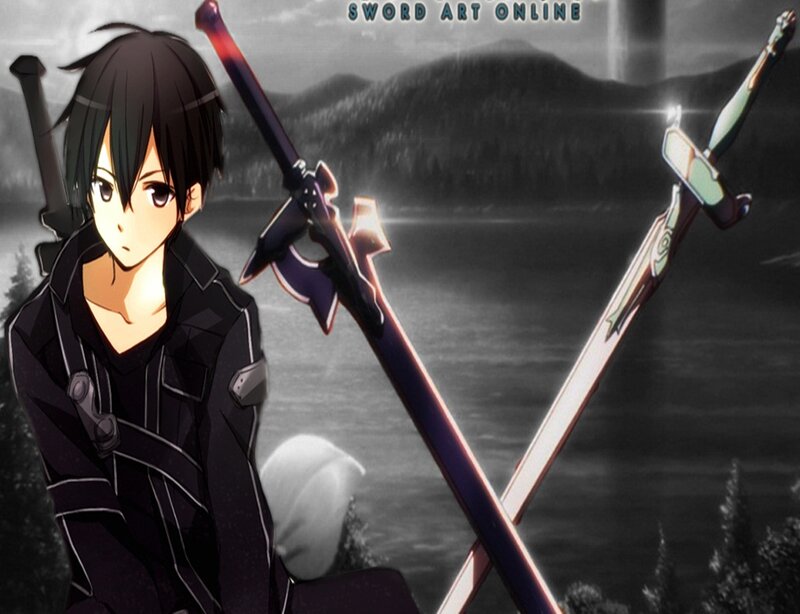 Anime Character with Swords — Black, Dramatic, Lake