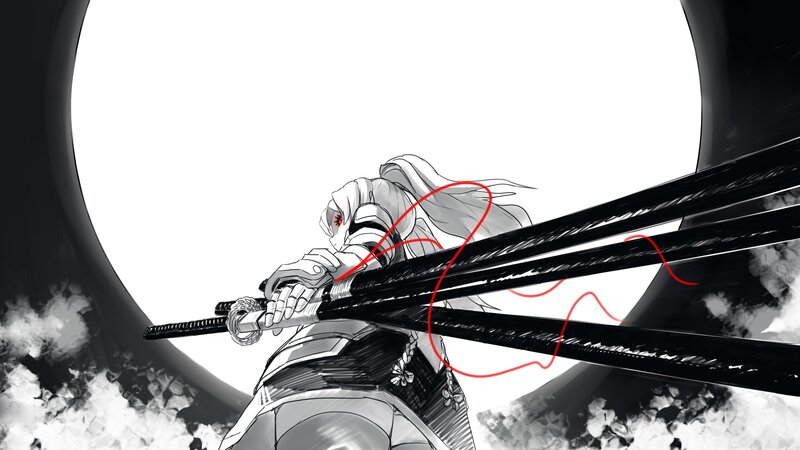 Anime Character with Swords — Black, Dramatic, Manga, White Hair, Red Eyes