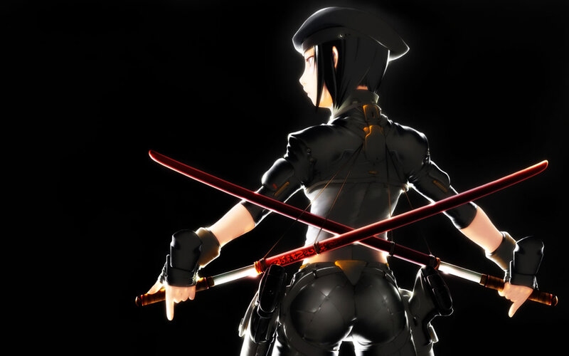 Anime Character with Swords — Black, Dramatic, Night, 3d Render