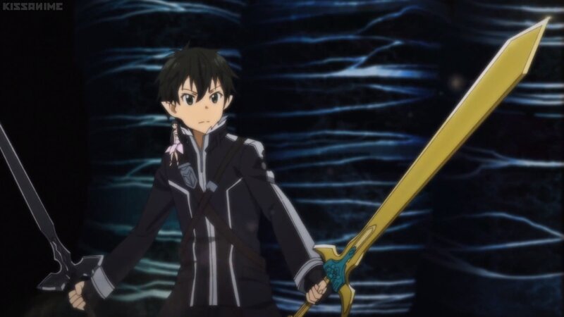 Anime Character with Swords — Black, Dramatic, Night, Dark Background, Blue Light