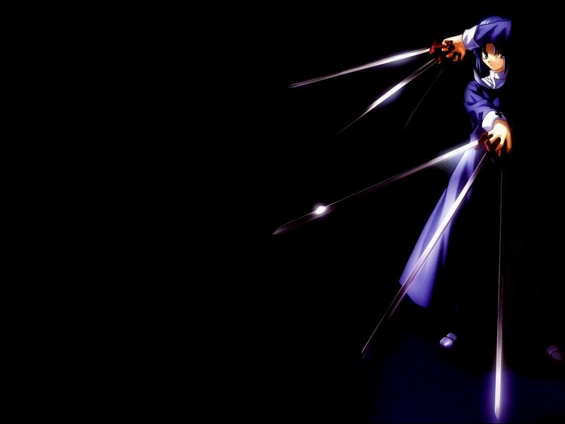 Anime Character with Swords — Black, Dramatic, Night, Dark Background