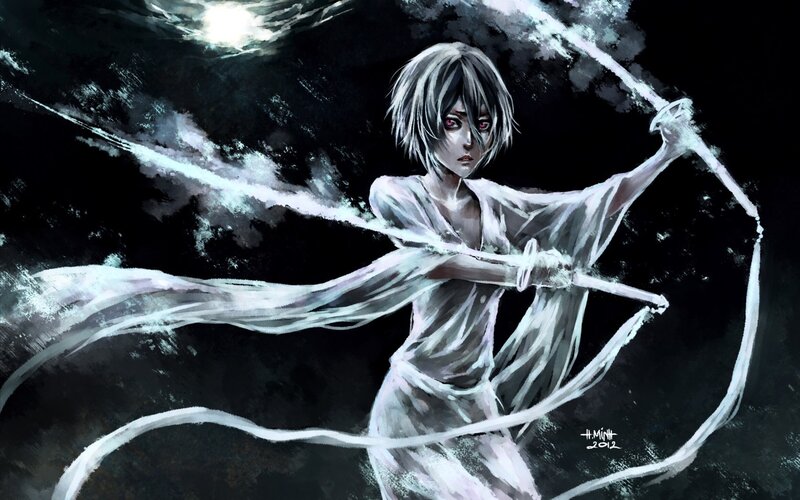 Anime Character with Swords — Black, Dramatic, Night, Digital Art, White Robe