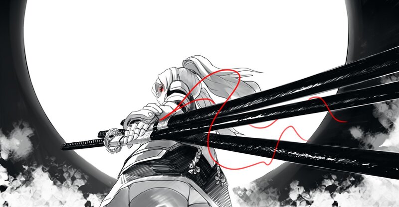 Anime Character with Swords — Black, Dramatic, Night, Manga, Long Hair