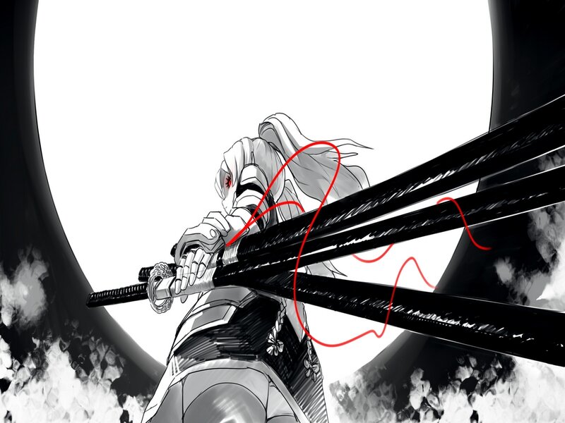 Anime Character with Swords — Black, Dramatic, Night, Manga, White Hair