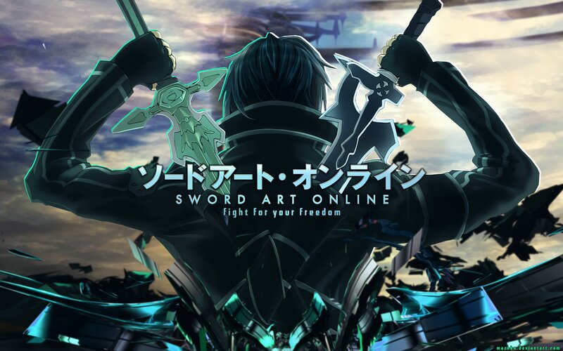 Anime Character with Swords — Black, Dramatic, Sunset