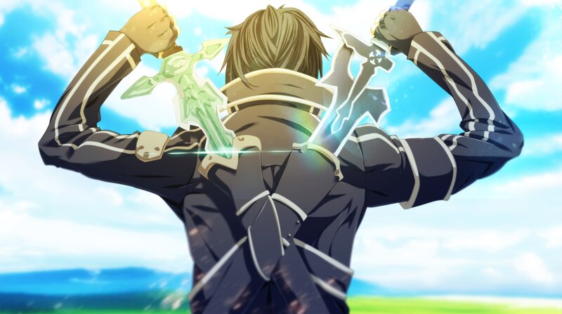 Anime Character with Swords — Blue, Dramatic, Afternoon, Sky