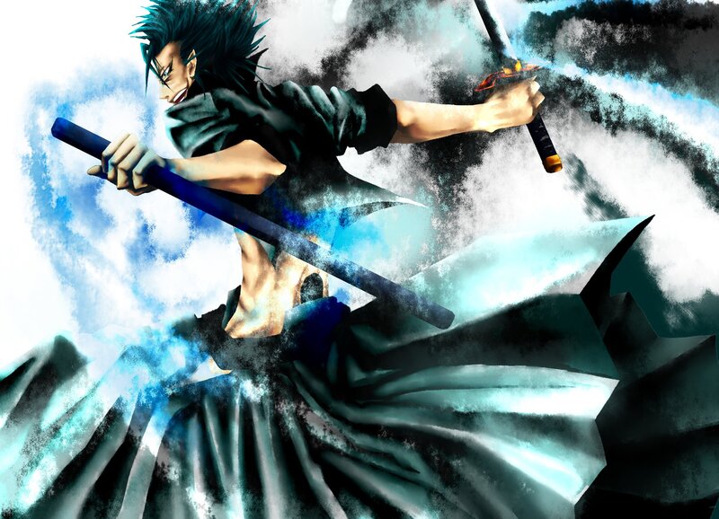 Anime Character with Swords — Blue, Dramatic, Manga