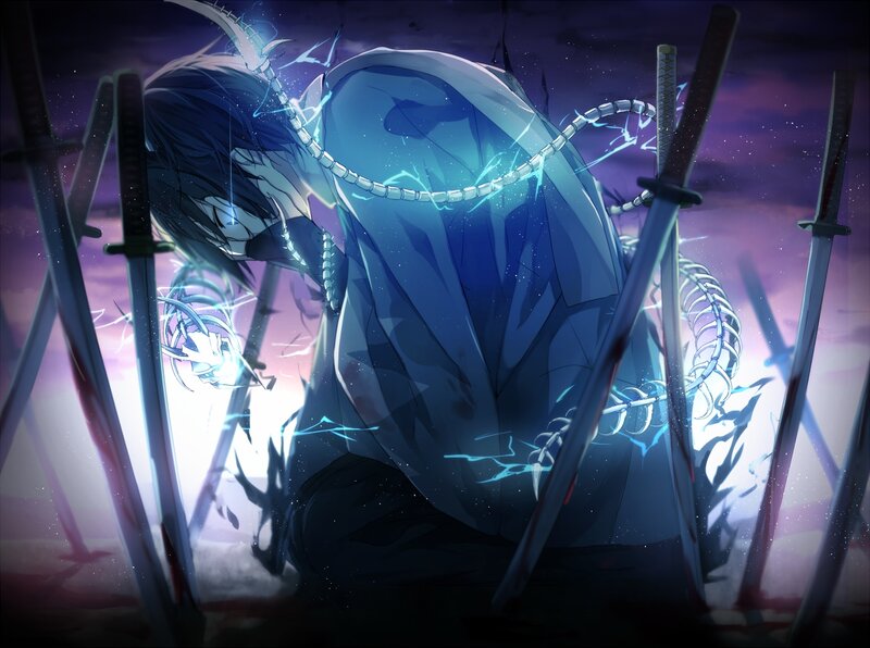 Anime Character with Swords — Blue, Dramatic, Night, Digital Art