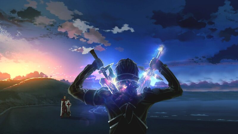Anime Character with Swords — Blue, Dramatic, Sunrise