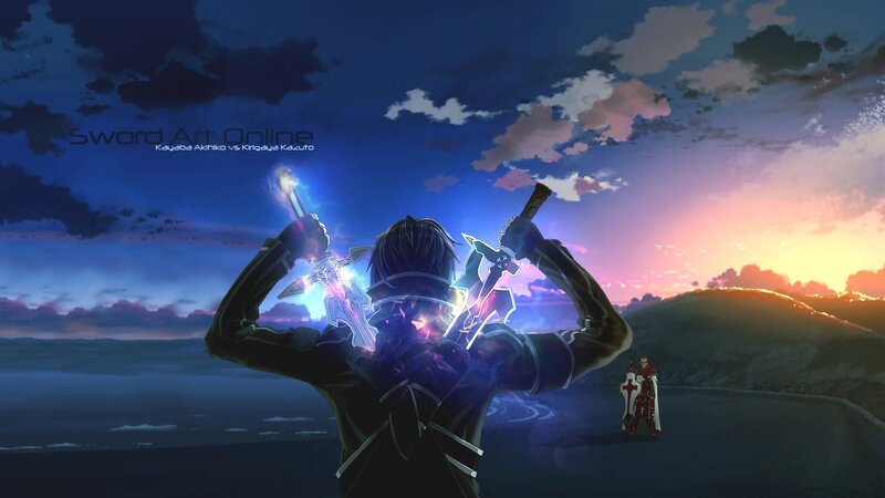 Anime Character with Swords — Blue, Dramatic, Sunset, Sky