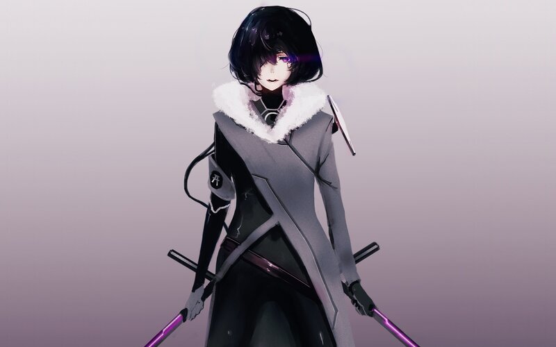 Anime Character with Swords — Gray, Dramatic, Digital Art, Coat