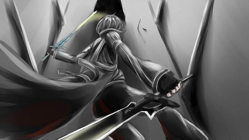 Anime Character with Swords — Gray, Dramatic, Digital Art