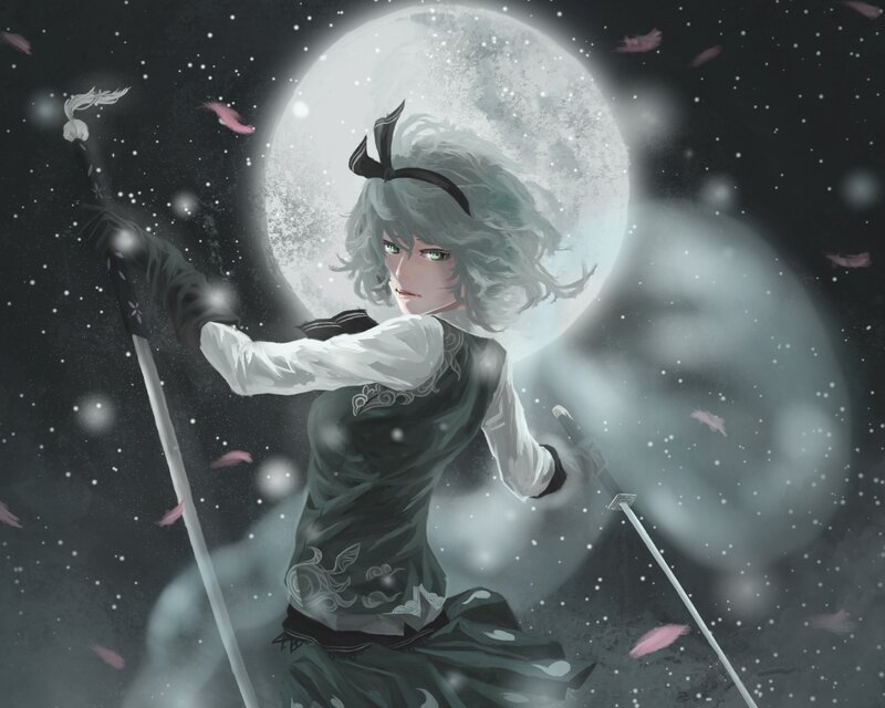Anime Character with Swords — Gray, Dramatic, Night