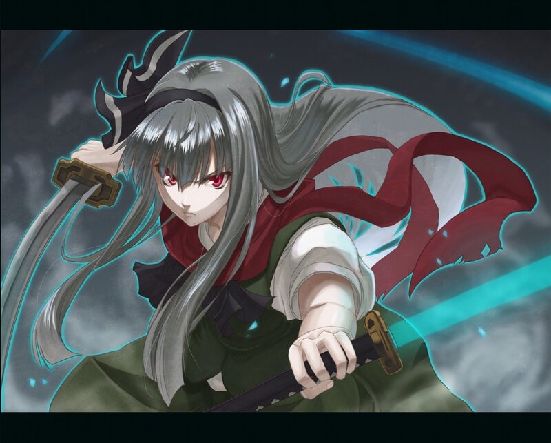 Anime Character with Swords — Gray, Dramatic, Red Scarf