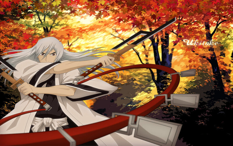 Anime character with swords in autumn