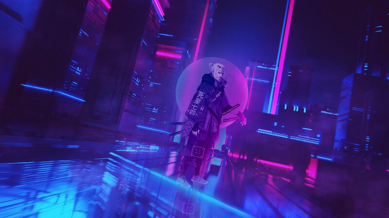 Anime Character with Swords — Purple, Dramatic, Night, Digital Art