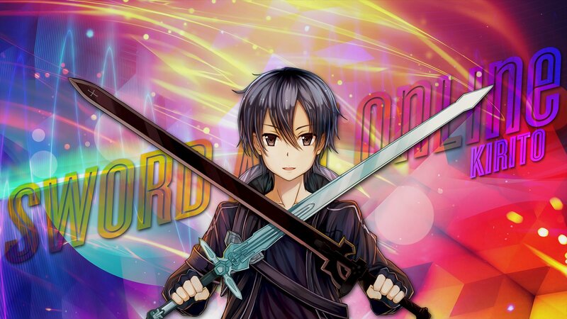 Anime Character with Swords — Purple, Dramatic, Text