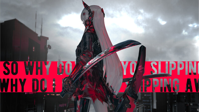 Anime Character with Swords — Red, Dramatic, Digital Art, Cityscape