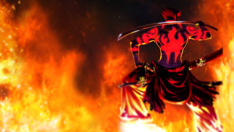 Anime Character with Swords — Red, Dramatic, Fire
