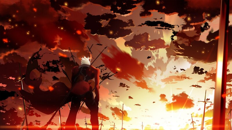 Anime Character with Swords — Red, Dramatic, Sunset, Sky