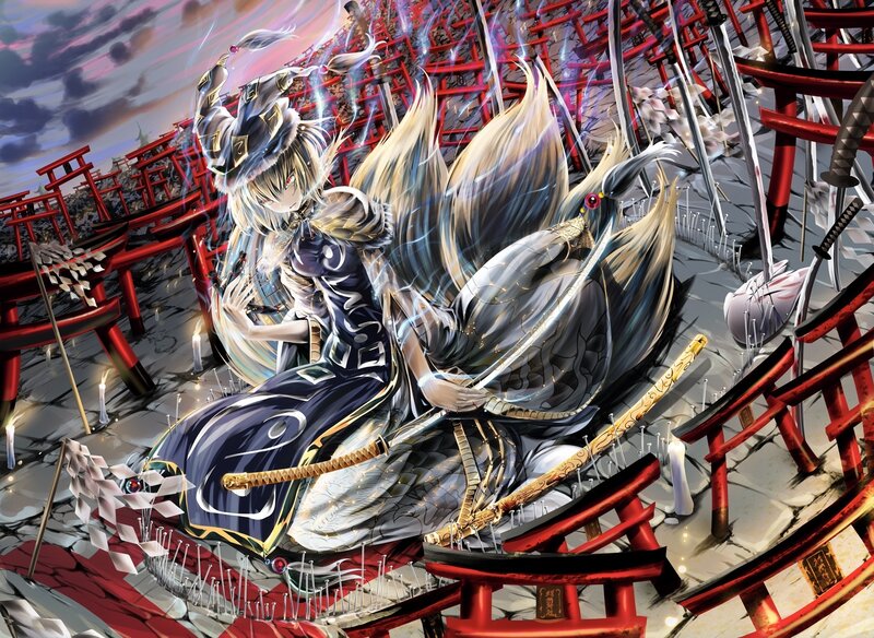 Anime Character with Swords — Red, Dramatic, Sunset