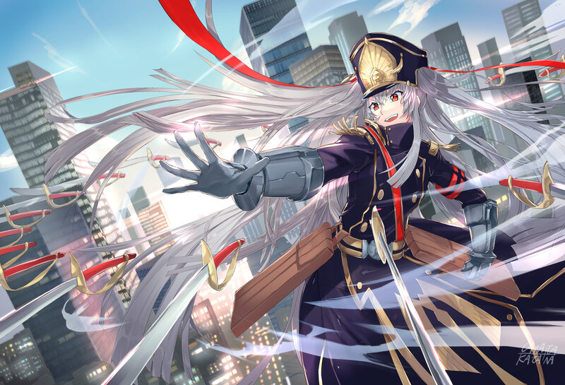 Anime Character with Swords — White, Dramatic, Afternoon