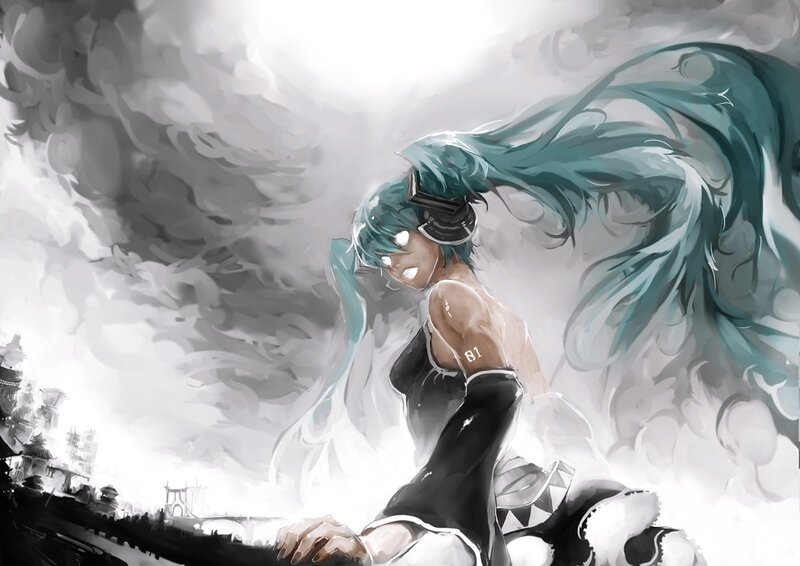 Anime Character with Teal Hair — Dramatic, Digital Art, Cityscape