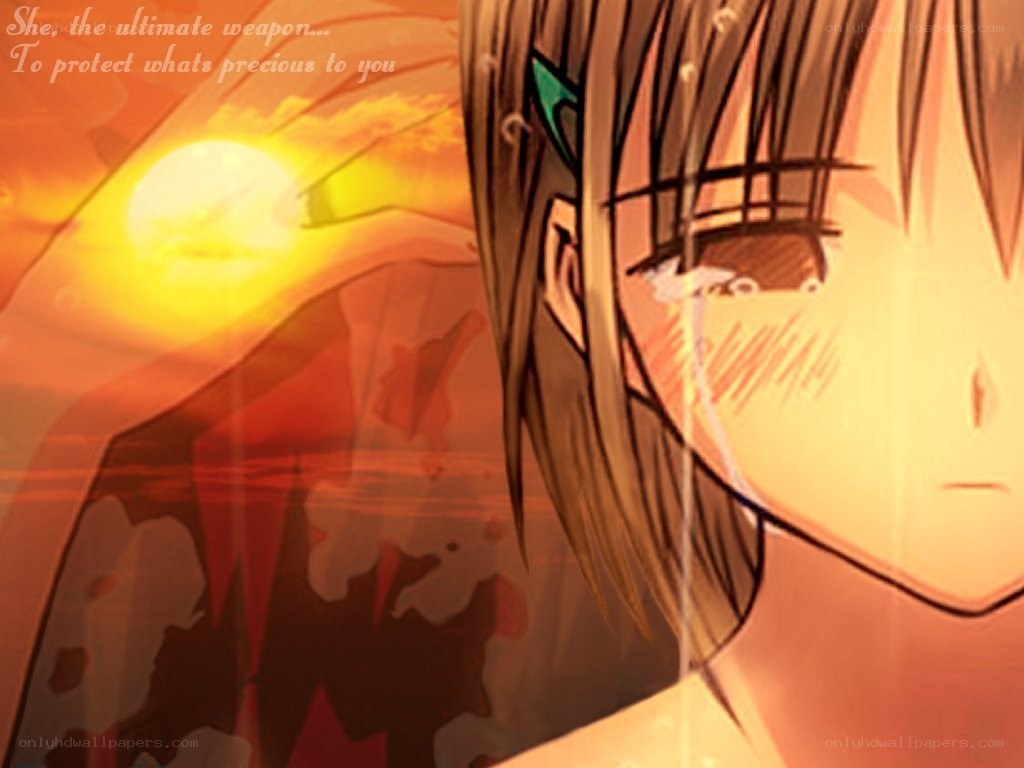 Anime character with tears at sunset