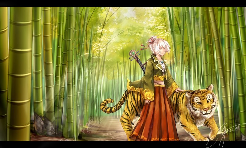 Anime Character with Tiger — Green, Serene