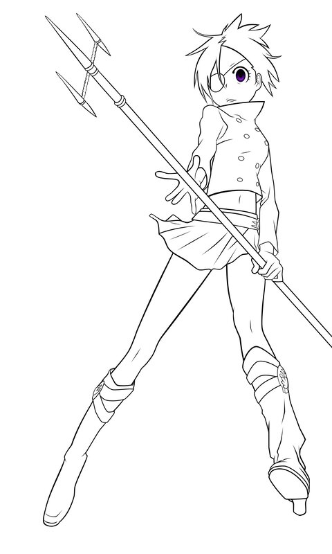 Anime Character with Trident — Black, Dramatic