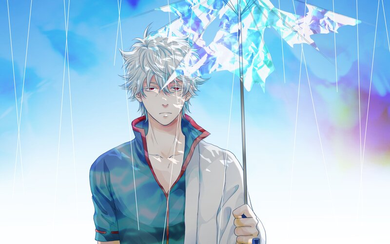 Anime Character with Umbrella — Blue, Dramatic, Rain