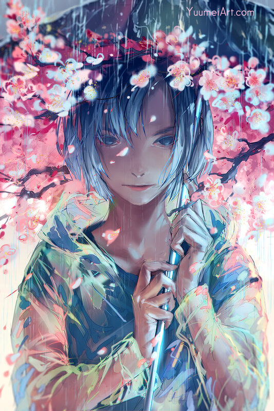 Anime Character with Umbrella — Blue, Serene, Spring