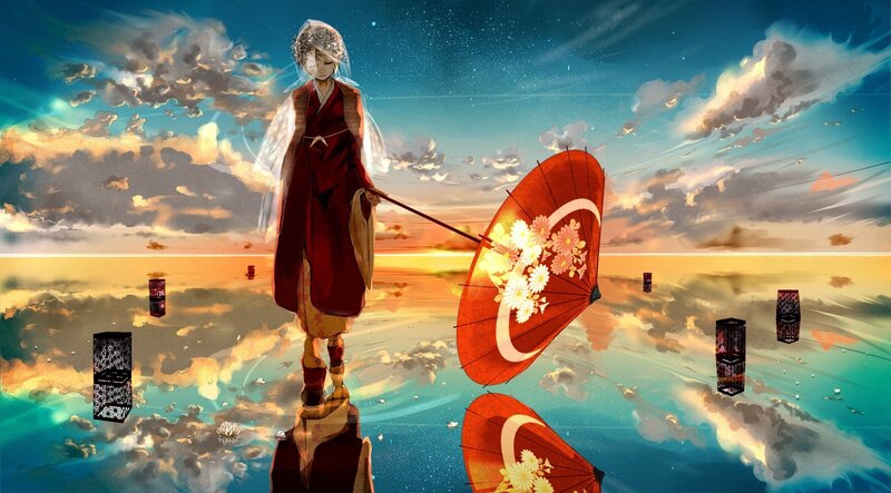 Anime Character with Umbrella — Blue, Serene, Sunset
