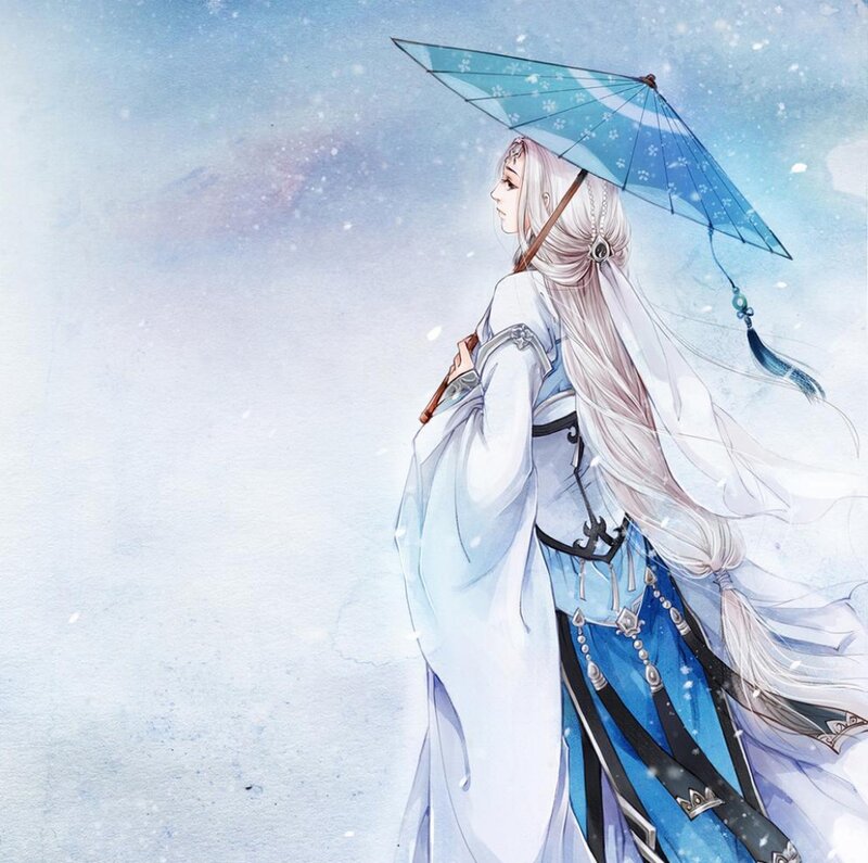 Anime Character with Umbrella — Blue, Serene, Winter