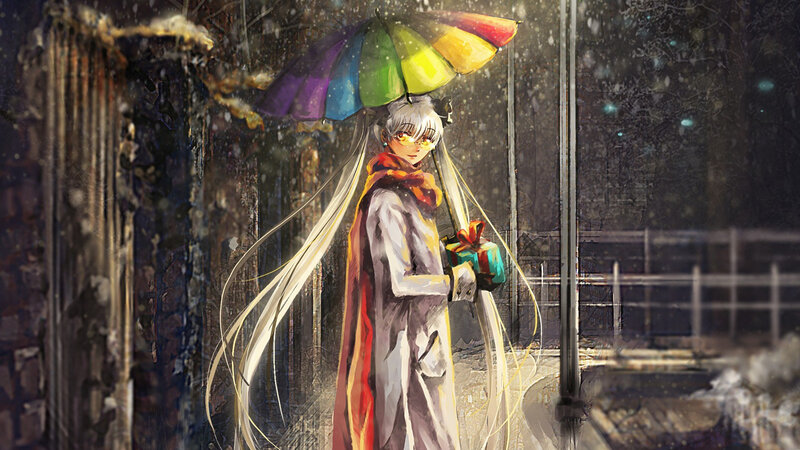 Anime Character with Umbrella — White, Melancholic, Night