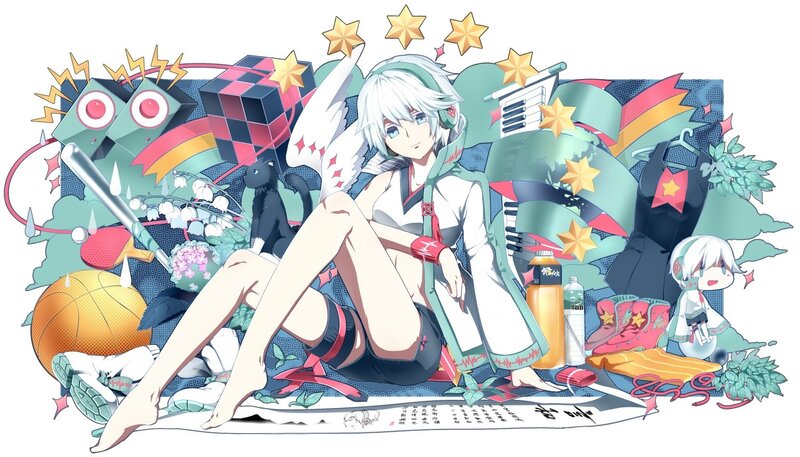 Anime character with various items