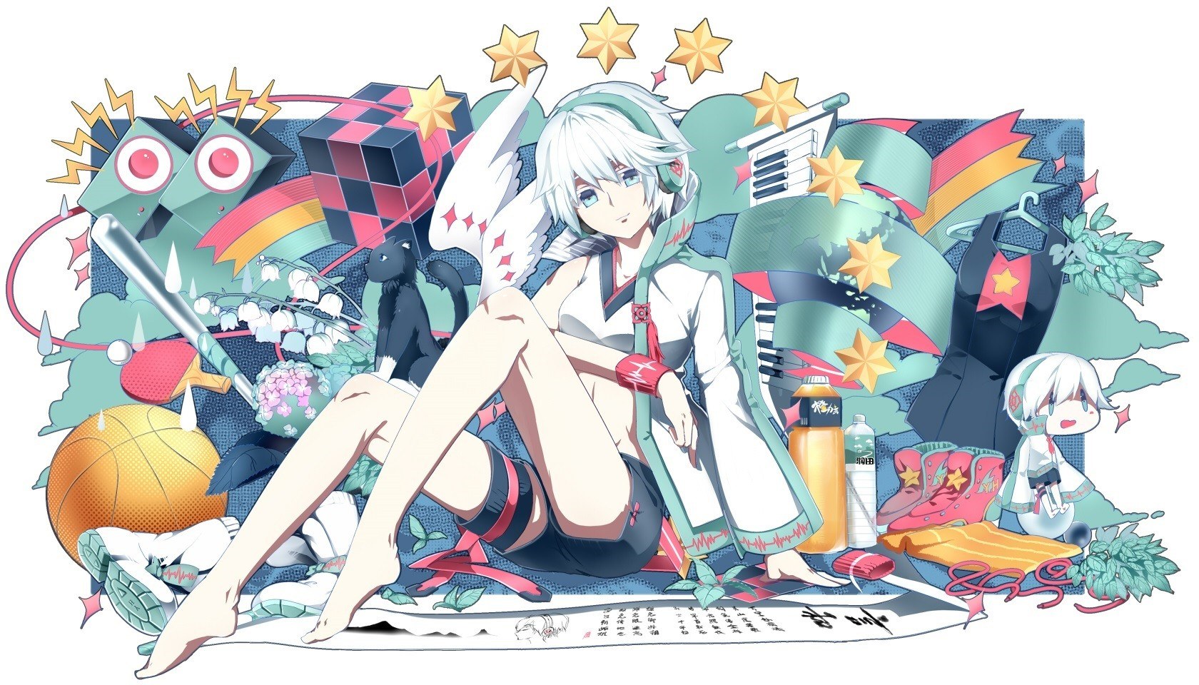 Anime character with various items