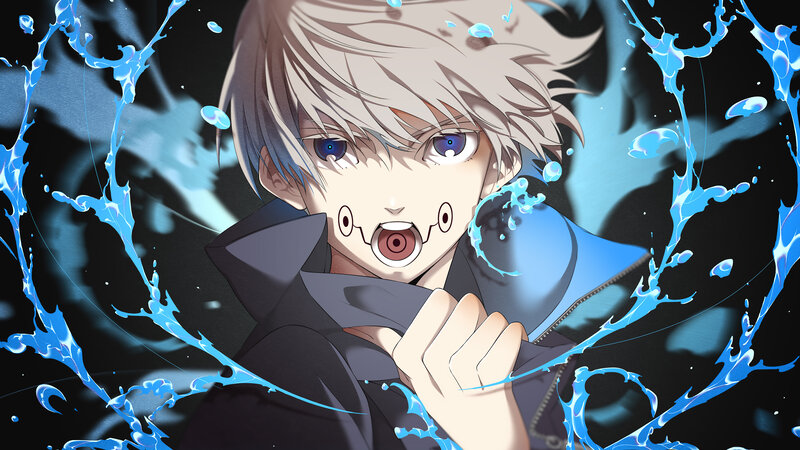 Anime Character with Water — Blue, Dramatic, Coat