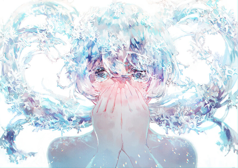 Anime Character with Water — Blue, Dramatic, Digital Art, Hands