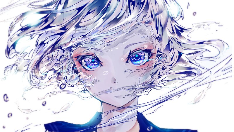 Anime Character with Water — Blue, Dramatic, Digital Art